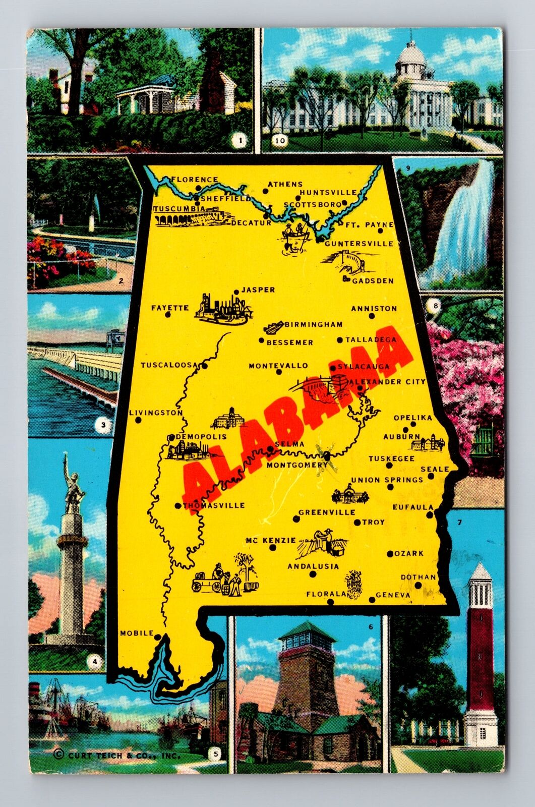 Alabama, State Map, Montage Of Images, Antique, Vintage Postcard