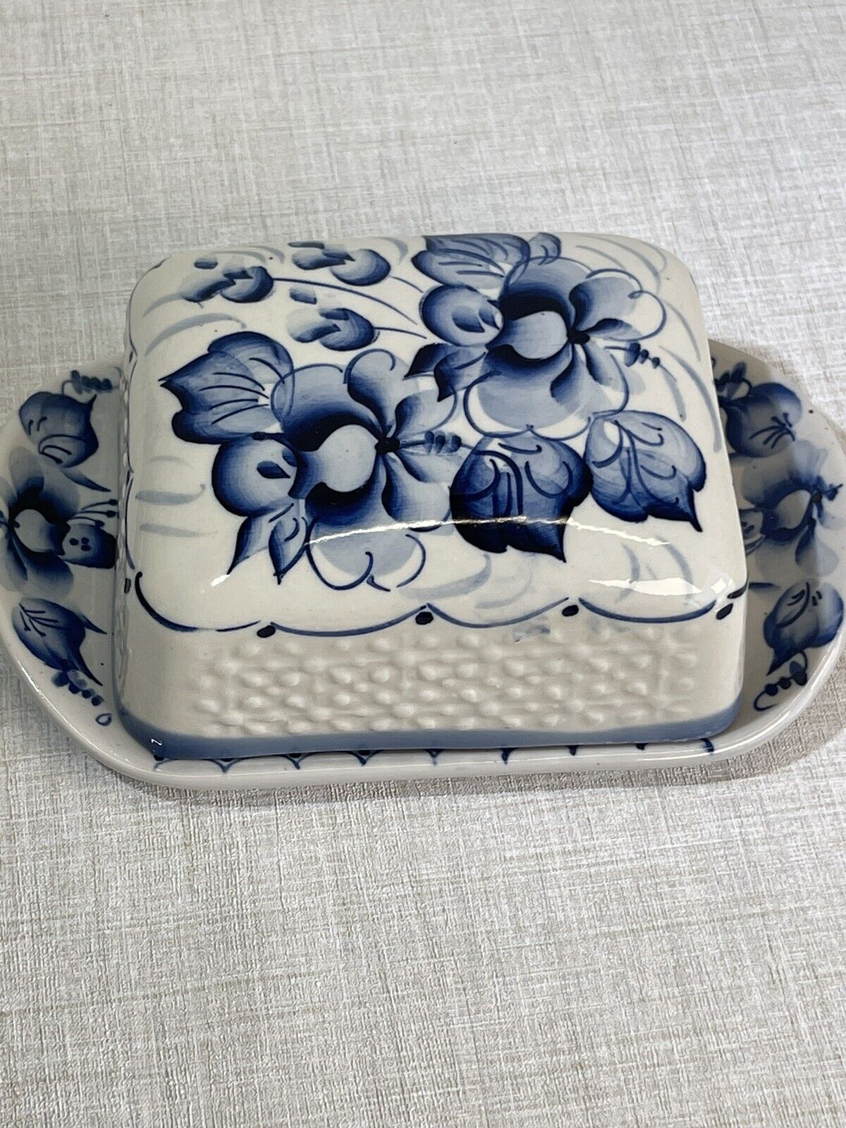 Butter Dish Large Russian Gzhel Oiler Porcelain Hand Painted Blue Flowers