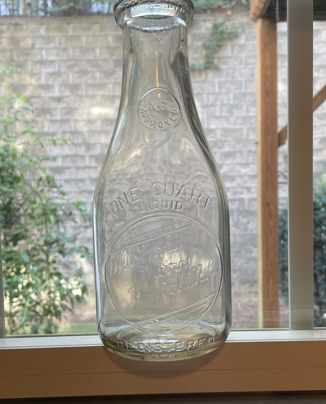 Vintage H A Holder Dairy Raleigh NC - One 1 QUART Embossed Clear Milk Bottle