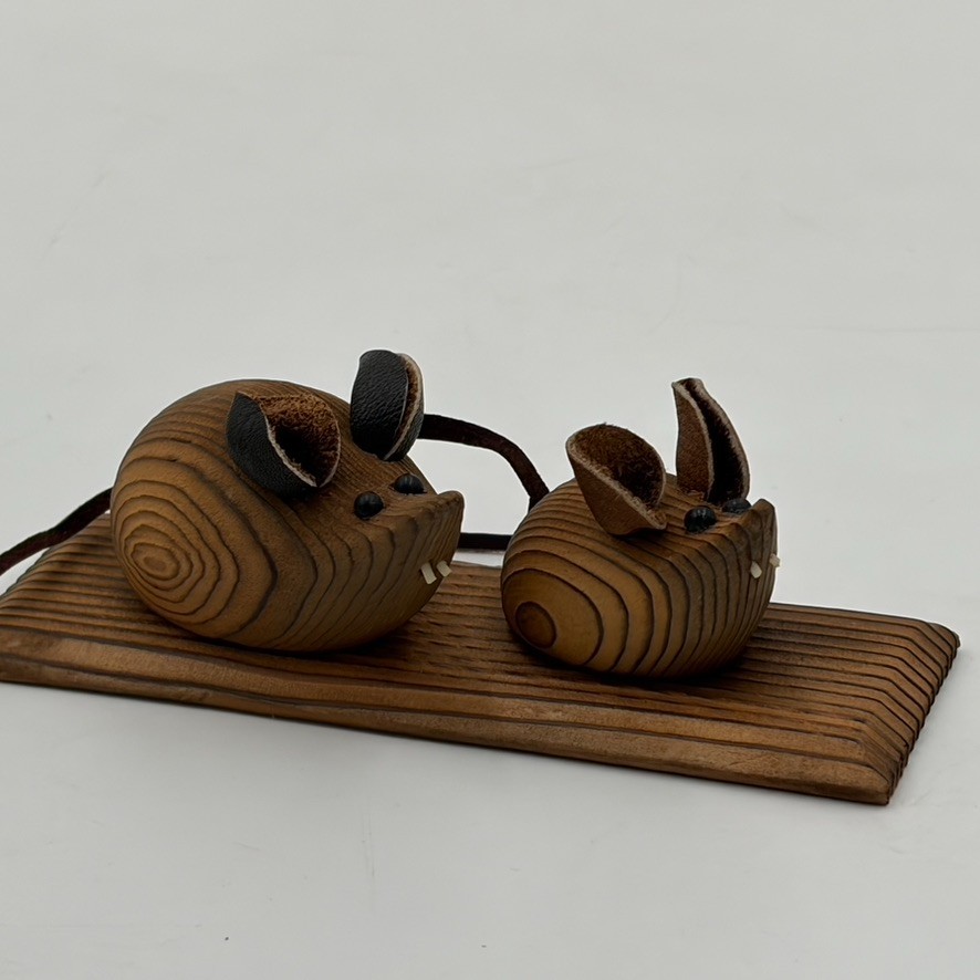 2 VTG Mid Century Modern Wood Mouse Figurine Suede Ears Leather Tail MCM Decor