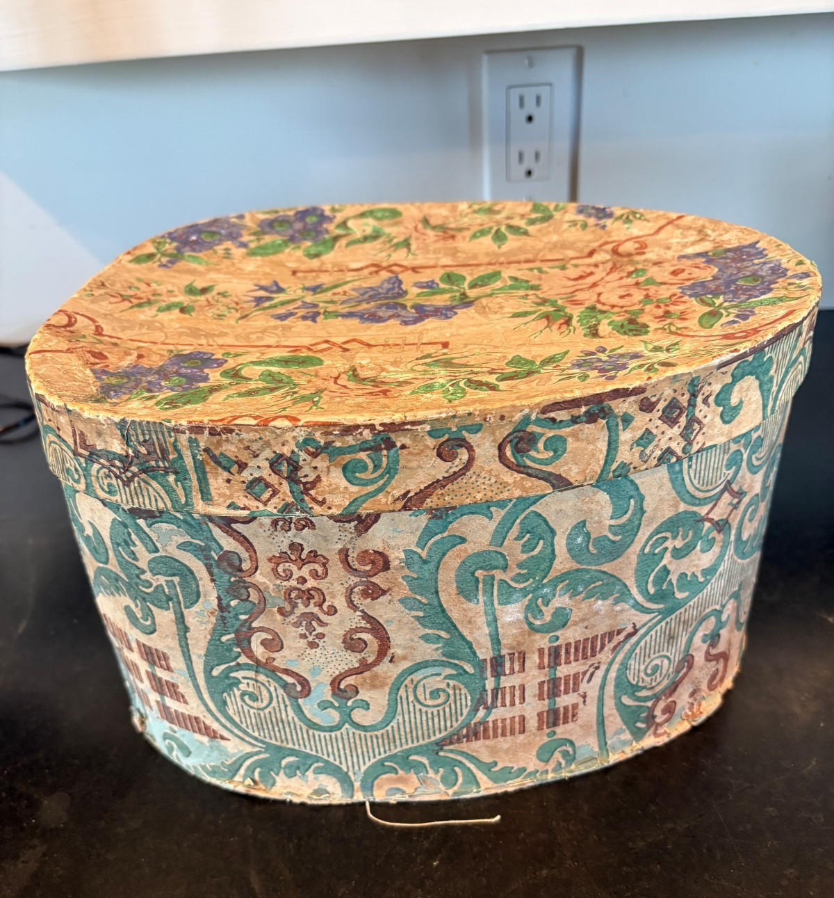 ANTIQUE EGG SHAPED WALLPAPERED STORAGE BOX