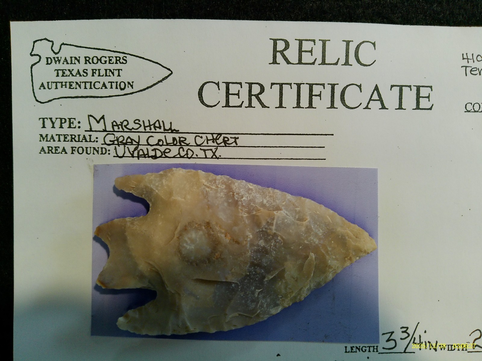 Papered Cent Texas Marshall Arrowhead, Prehistoric Artifact *FREE SHIPPING* P26