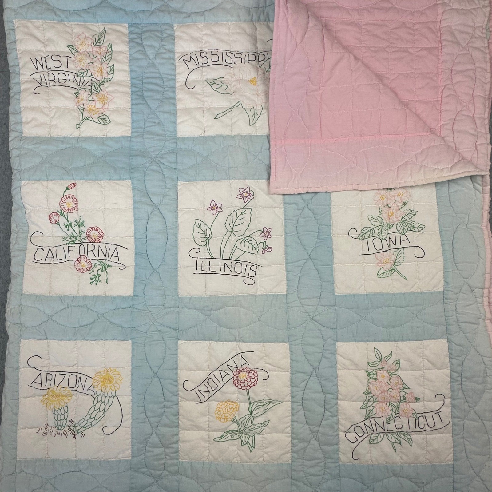 Vtg 48 State Flower Hand Quilted Painted Cotton Quilt Americana 71x94