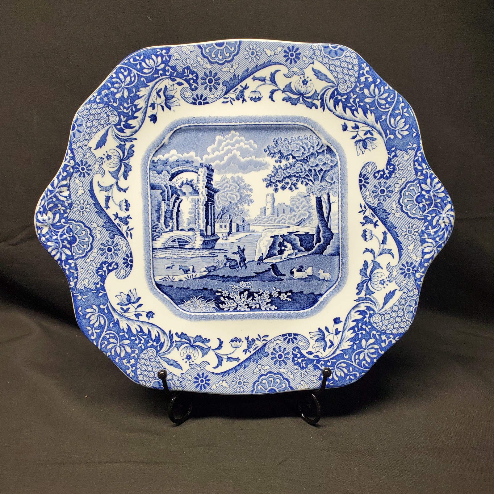 Spode Blue Italian Square Cake Plate Platter Twin Handled England AS IS