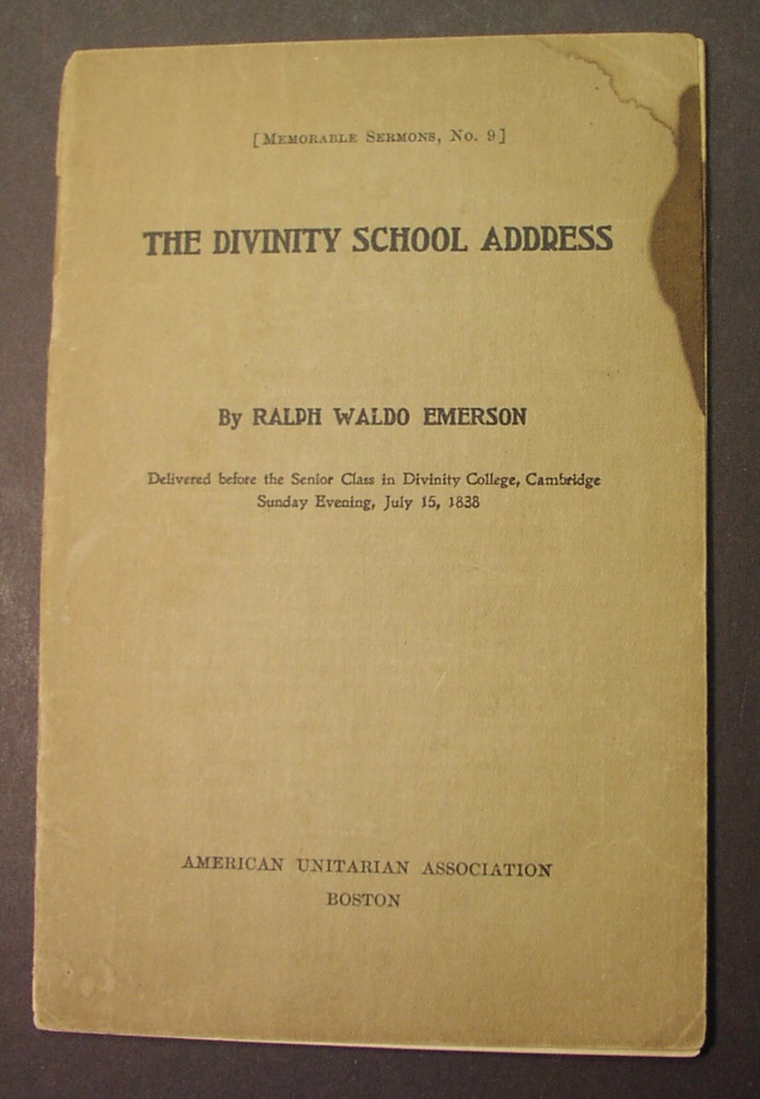 RALPH WALDO EMERSON - ca. 1900 pamphlet - Divinity School speech - UNITARIAN