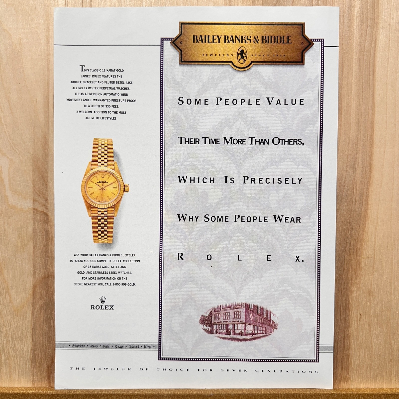 1992 Bailey Banks & Biddle Jewelers Vintage Print Ad Gold Rolex Watch Advert