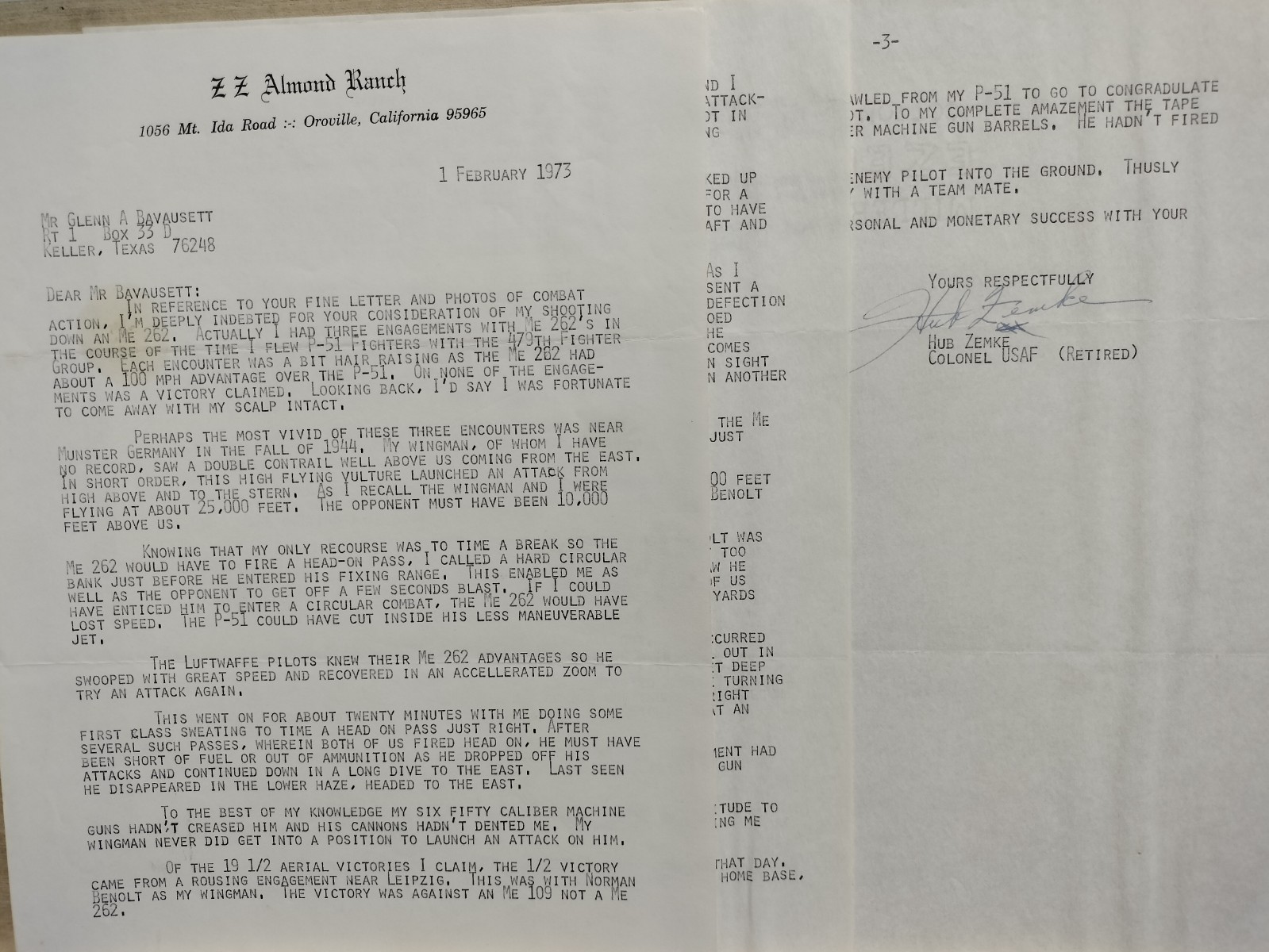 Colonel Hub Zemke Signed Letter 