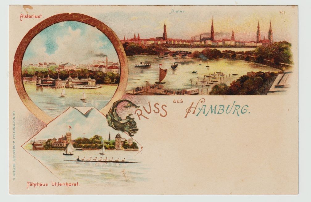 +Int mint litho postcard greeting from Hamburg, various views including ferry house +.