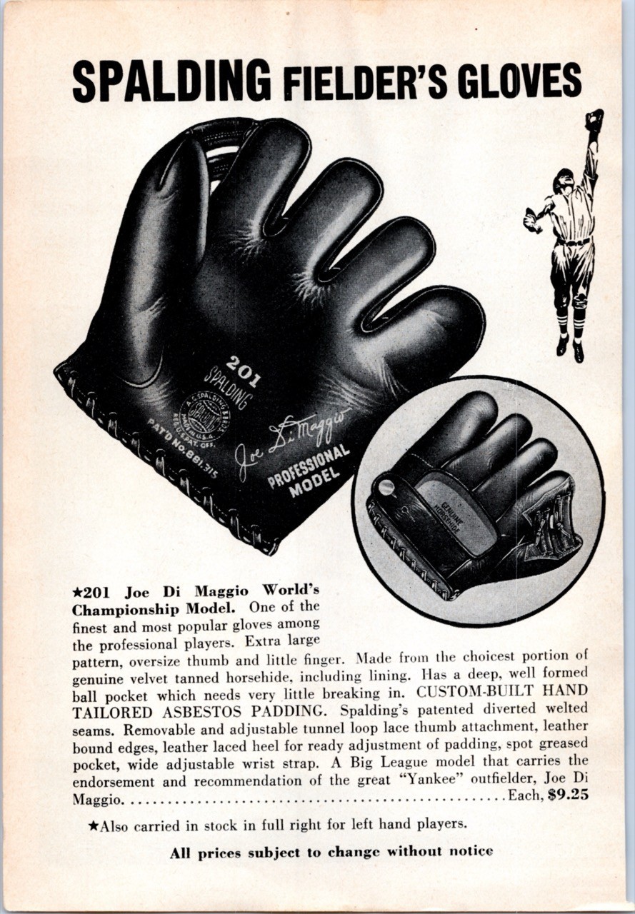 1940 Spalding Joe DiMaggio Fielders Leather Glove Ad Vintage Baseball Print Ad