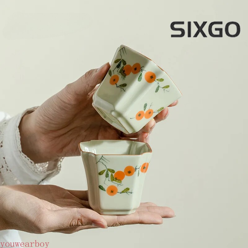 Hand Painted Persimmon Ceramic Teacup Aesthetic Cups Grass Ash Square Cup