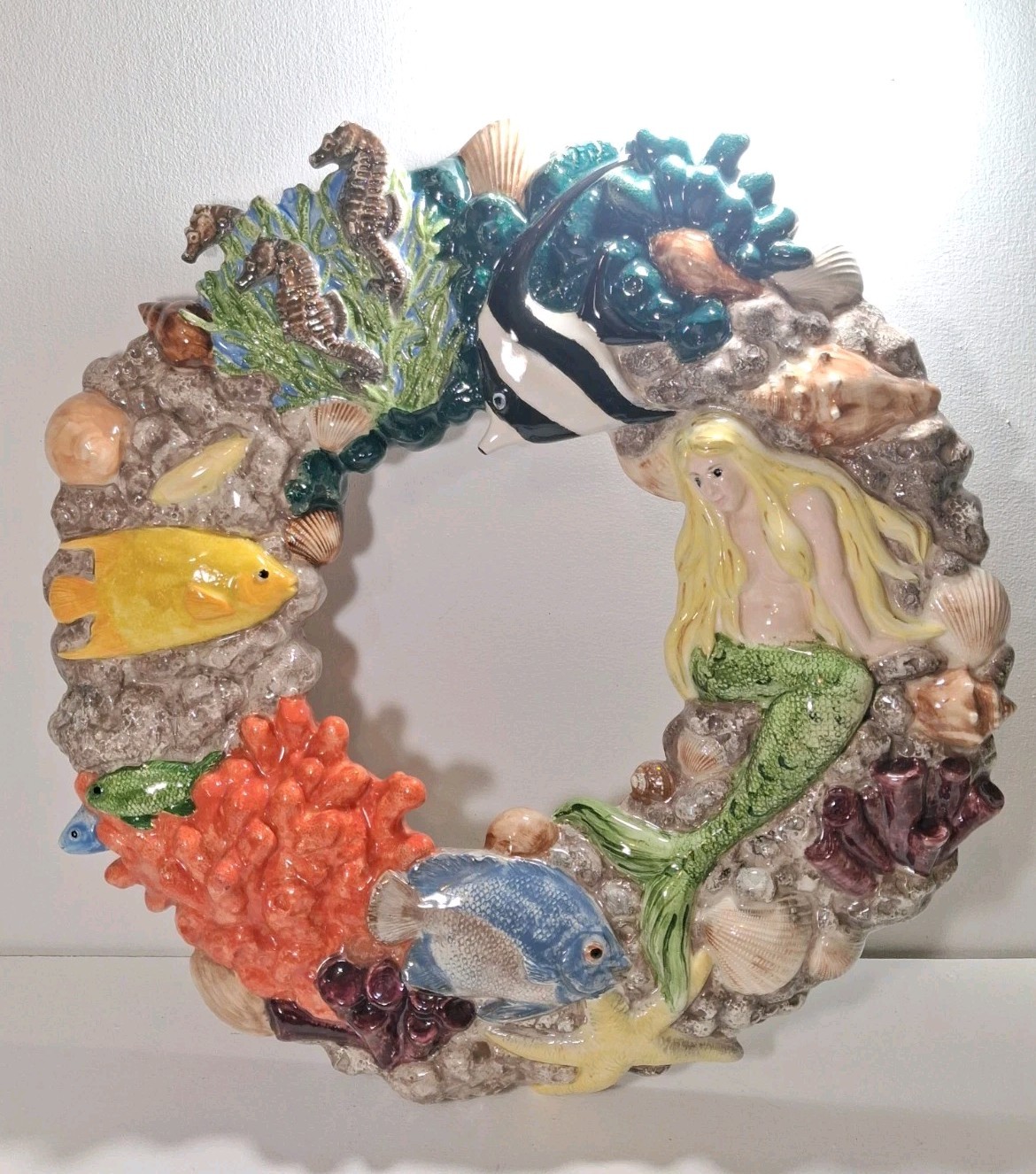 Vintage Ceramic Mermaid Coastal Wall Wreath Nautical Sea Life Coral Fish 3D
