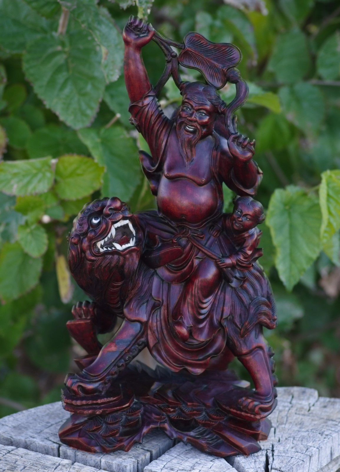 Boxwood Hand Carved Buddha Riding Foo Dog Large 16\