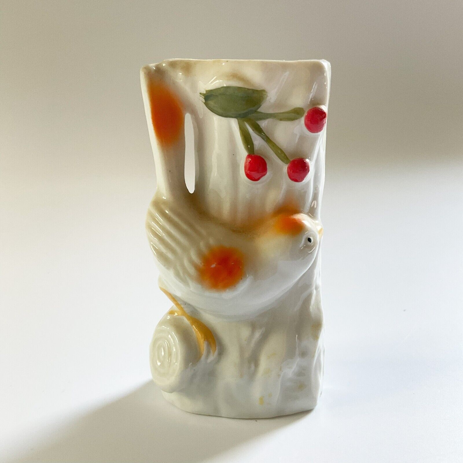 VTG Kitschy Tree Trunk Vase with Bird and Cherries Japan