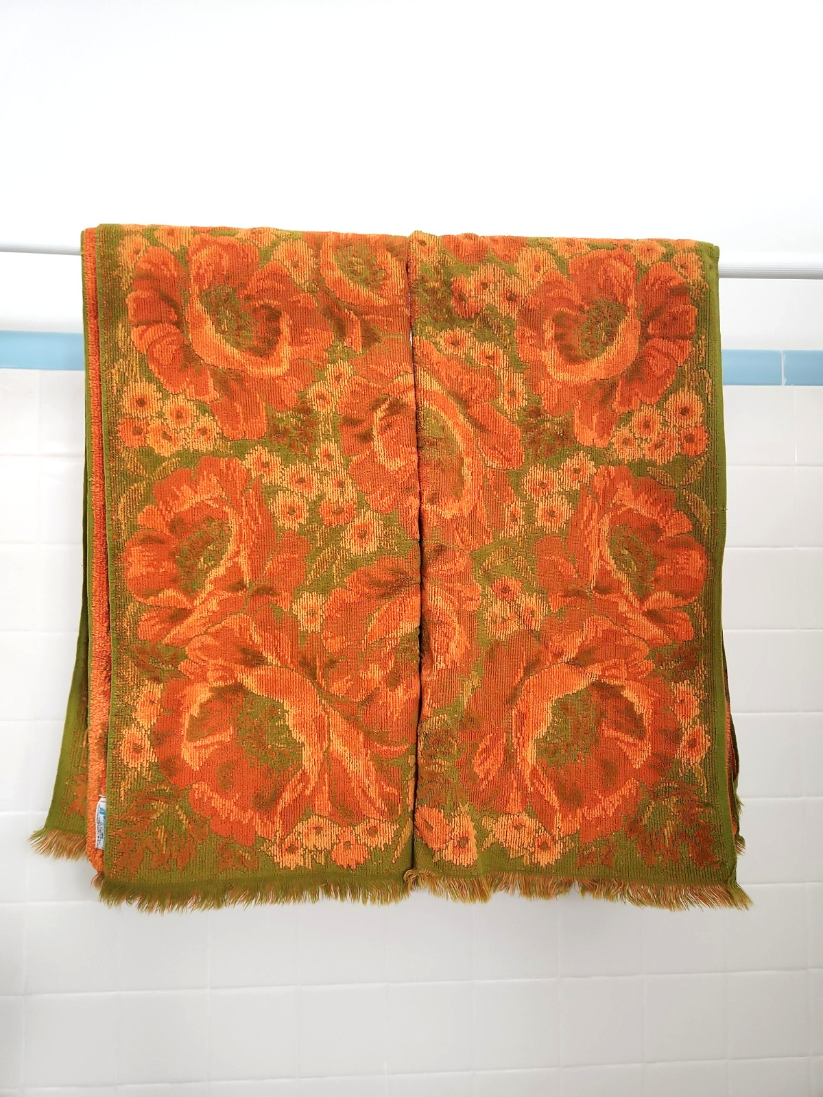 VTG Fieldcrest 1970\'s Burnt Orange Avocado Green Cali Poppies 2pc Bath Towel Set