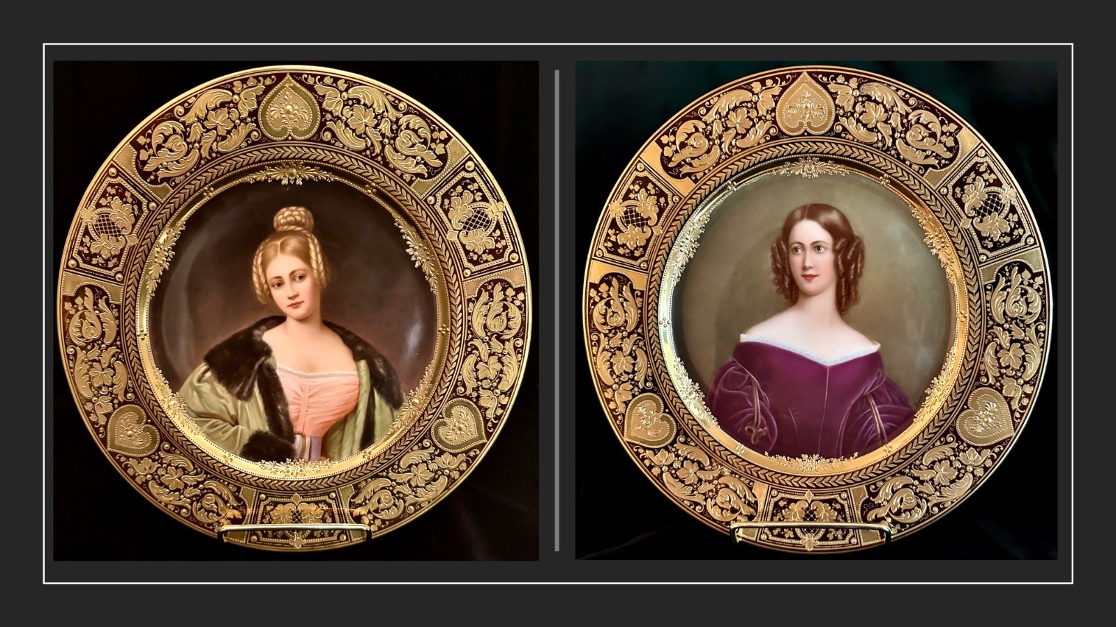 Pair Antique KPM Berlin Handpainted Portrait Cabinet Plates After Stieler Signed