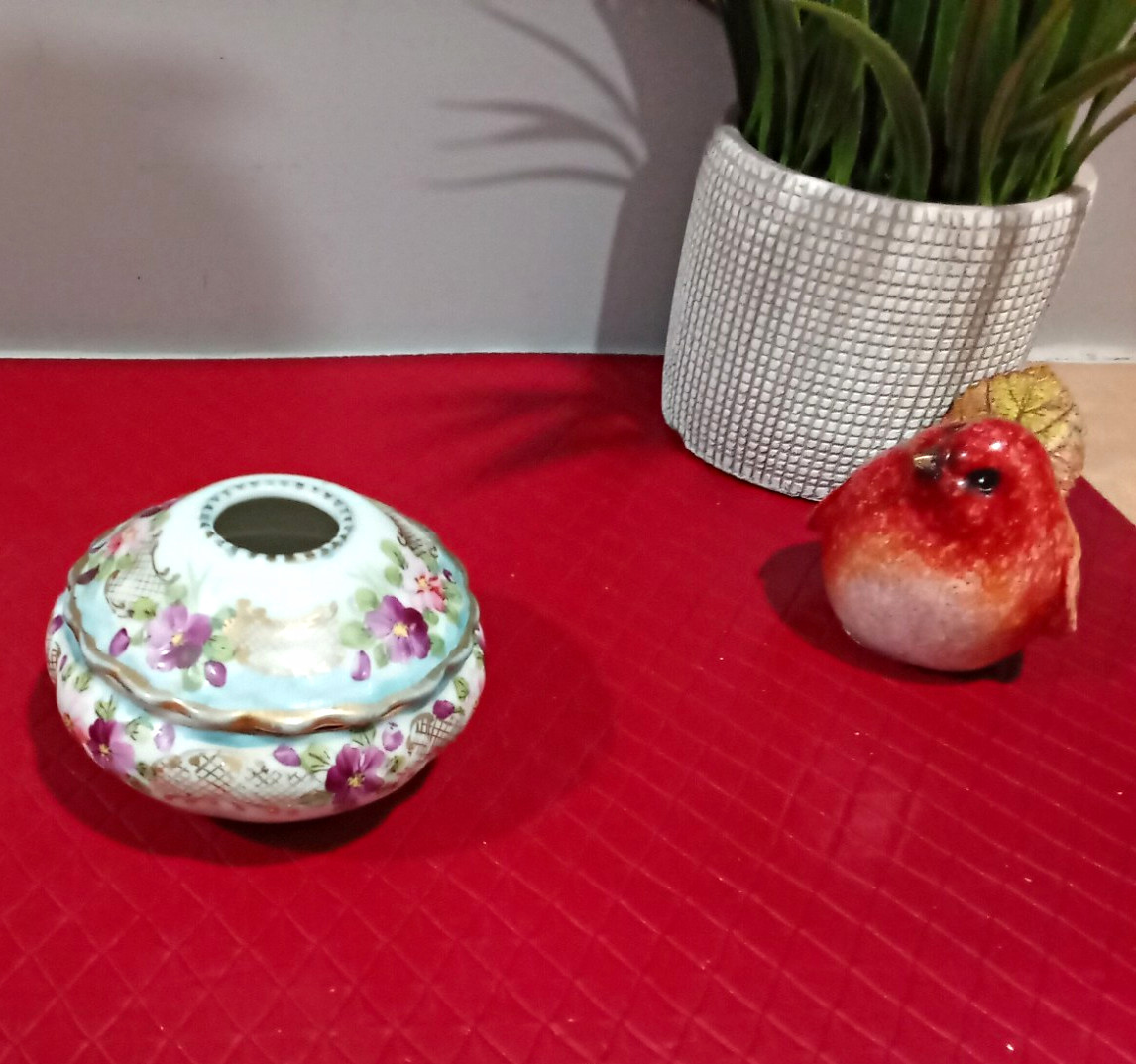 Vintage Porcelain Hair Receiver: Hand-Painted Floral Vanity Jar