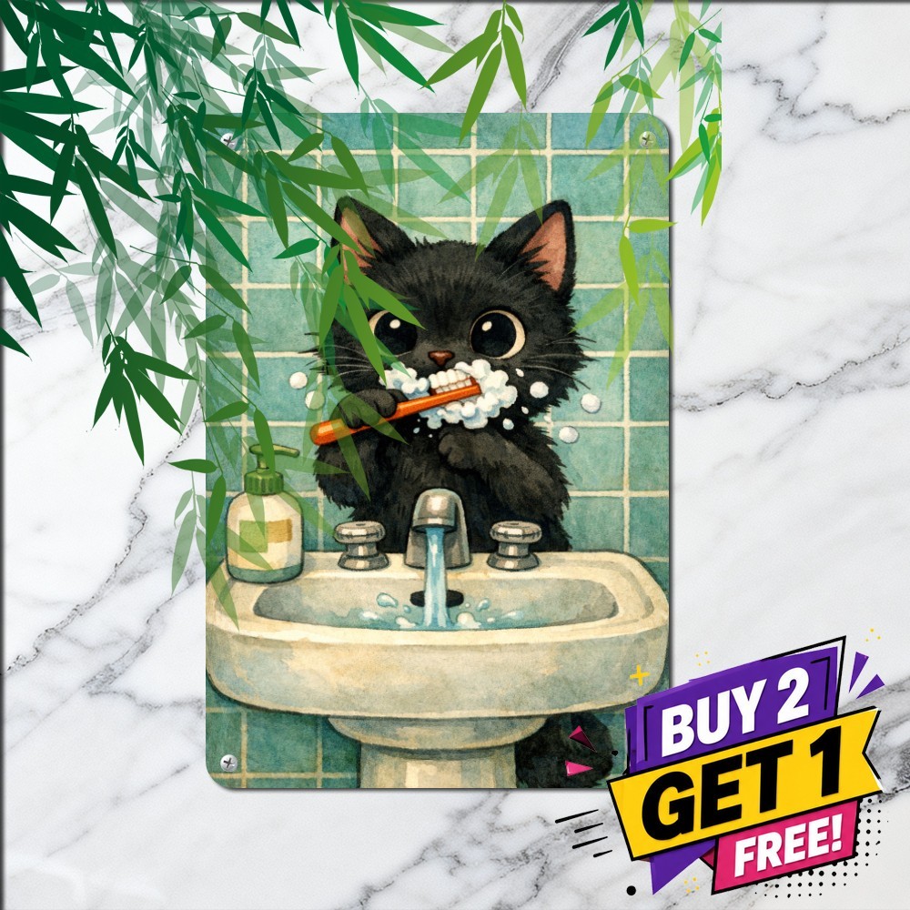Cute Black Cat Brushing Teeth Restroom Metal Tin Sign Bathroom Wall Plaque 8x12