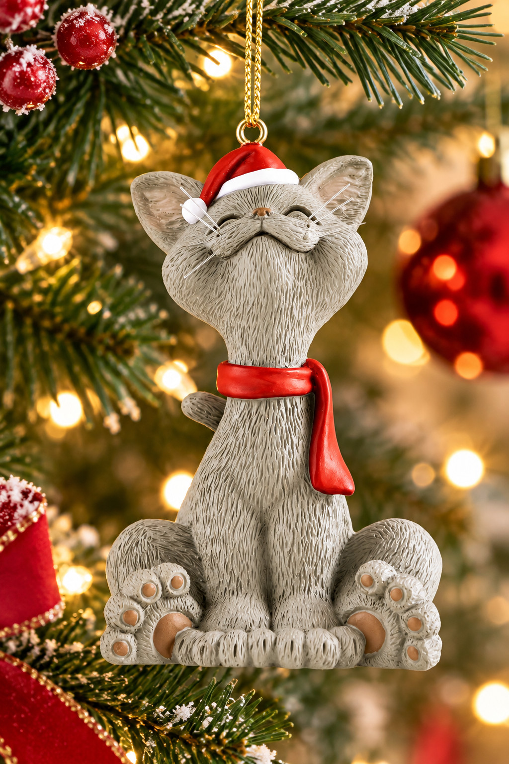 Whimsical Grey Cat Christmas Ornament Figurine Holiday Collectible Statue Gift