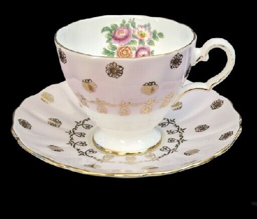 Grosvenor Bone China Cup & Saucer England Pink Gilt Floral Scalloped Numbered