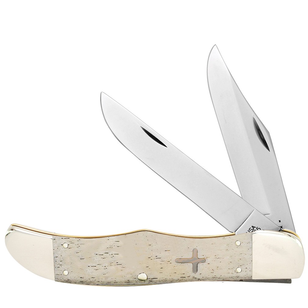 CASE XX KNIVES SMOOTH NATURAL BONE LARGE FOLDING HUNTER W/CROSS SHIELD 5 1/4\