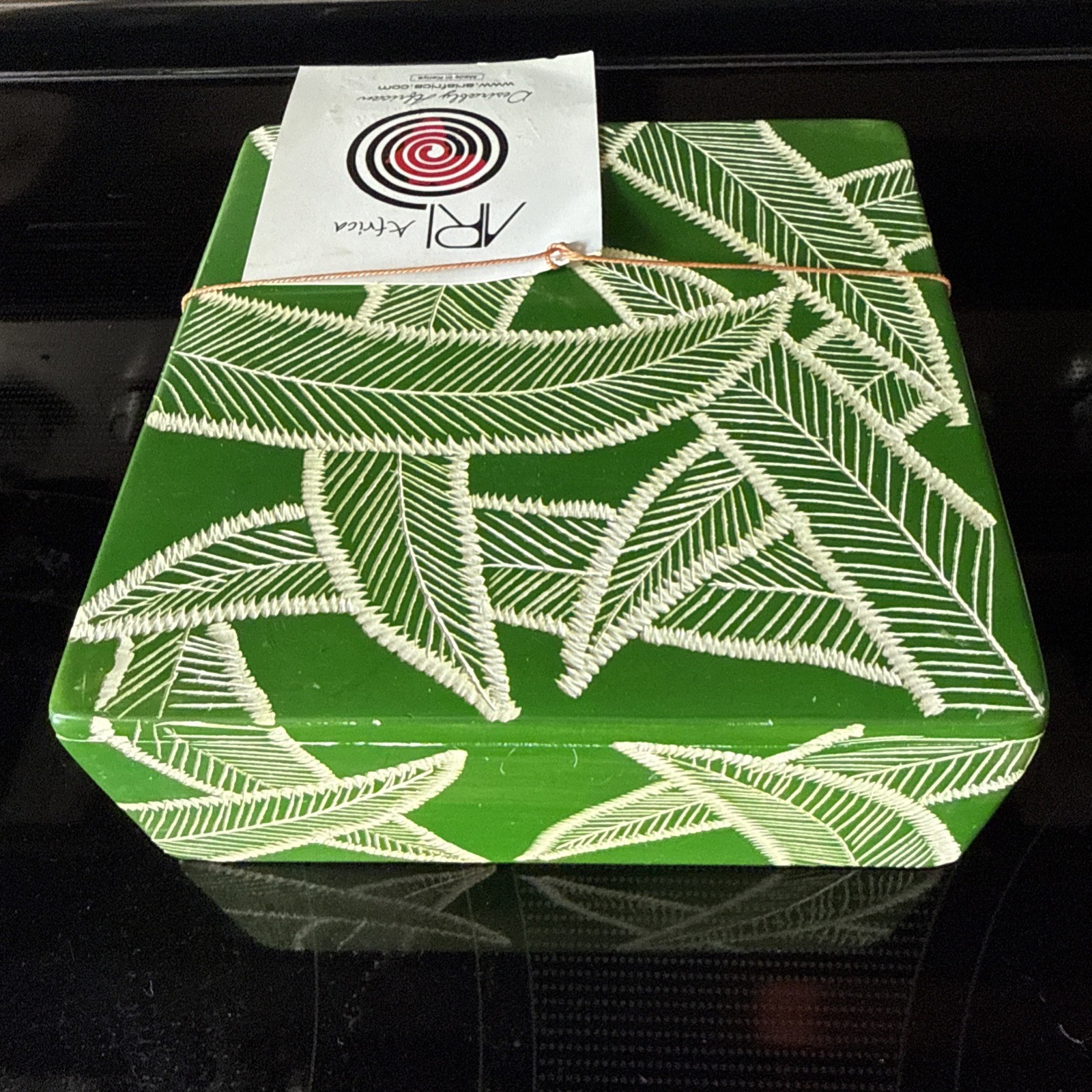 Vintage Hand Carved Kenya Soapstone Painted Trinket Box Lid Botanical Design 6x6