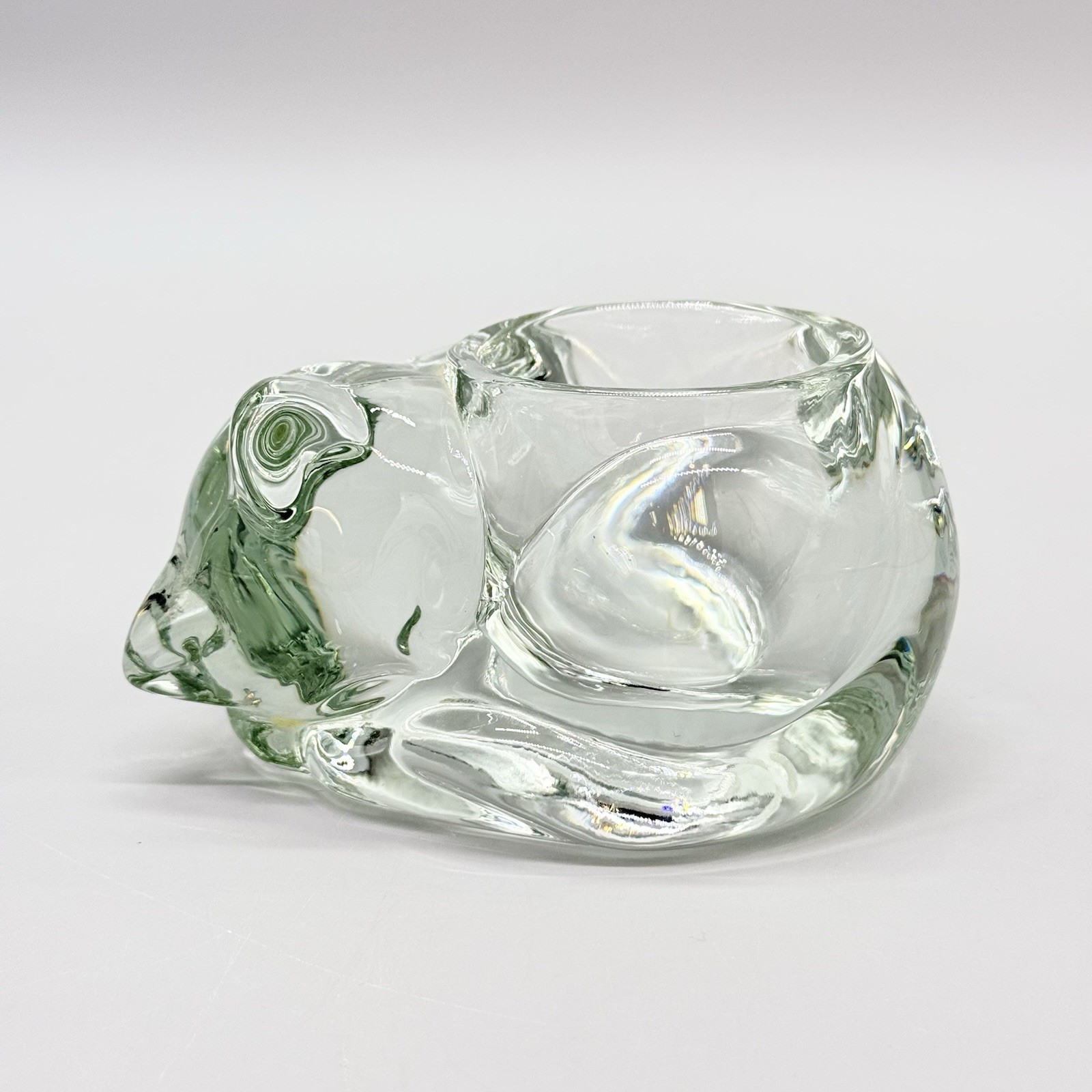 Vintage Indiana Glass Sleeping Cat Kitten Clear Votive Candle Holder