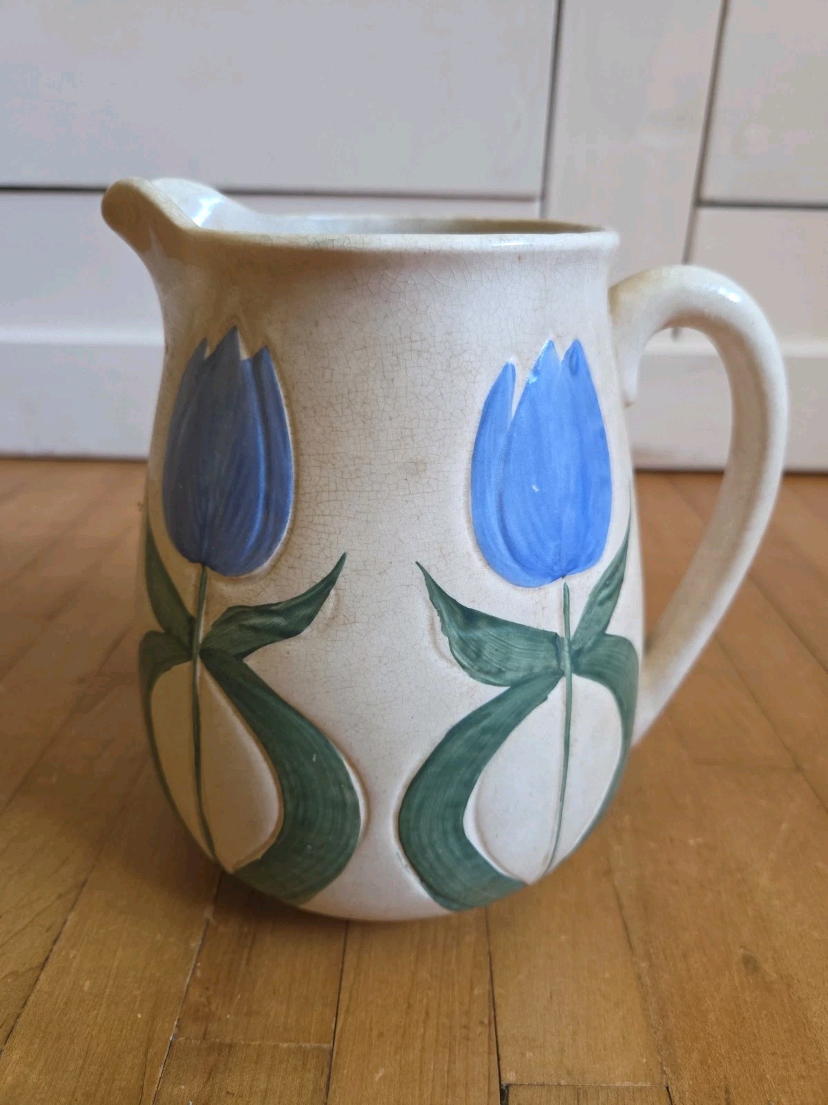 Antique Vtg Avon Faience Wheeling Pottery Pitcher Water Jug Blue Tulips Ceramic Antique Vtg Avon Faience Wheeling Pottery Pitcher Water Jug Blue Tulips Ceramic