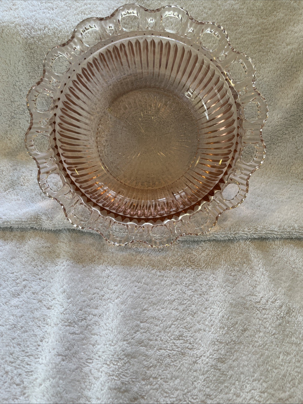 Anchor Hocking Pink Depression Glass Old Colony Lace Edge Ribbed Large Bowl.  07