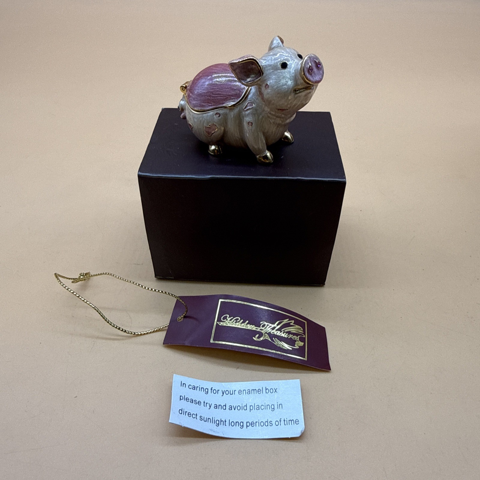 Hidden Treasures Pig Arora Enamel Crystal Trinket Box England Vintage 2003 READ
