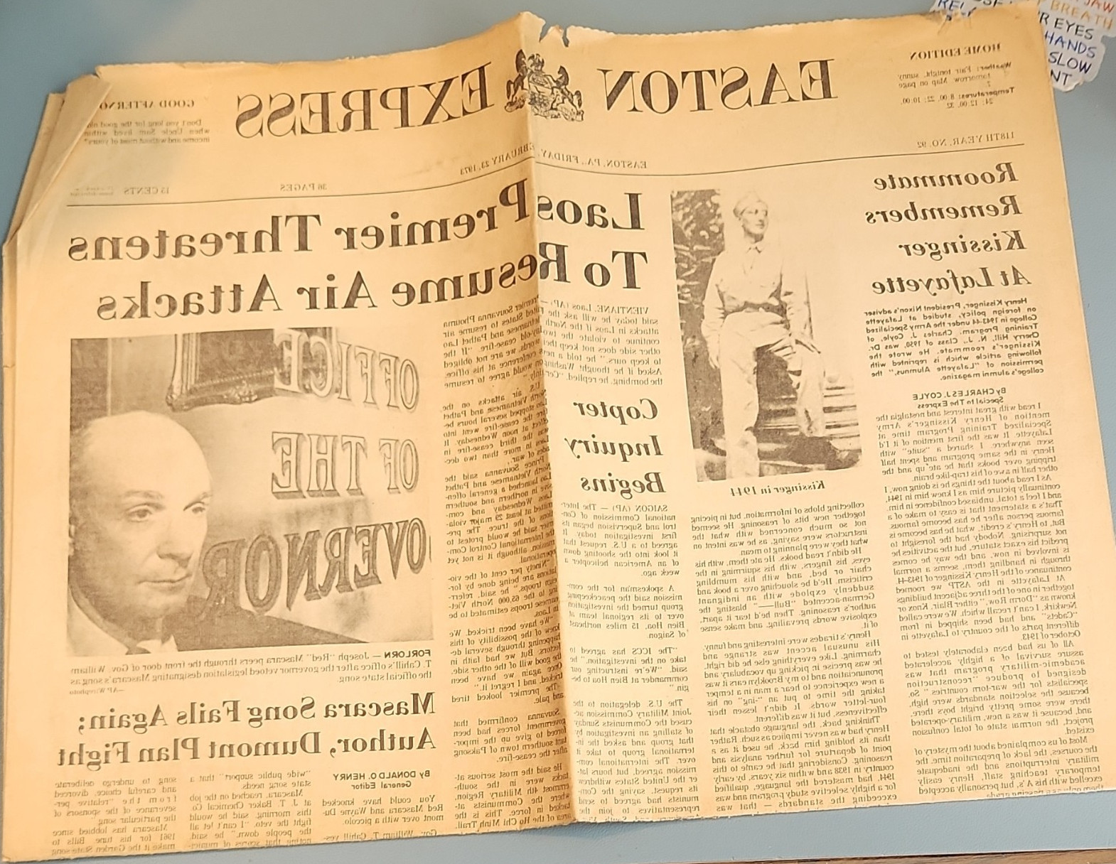 1973 Easton Express Newspaper – RARE  FRONT PAGE PRINTING ERROR 