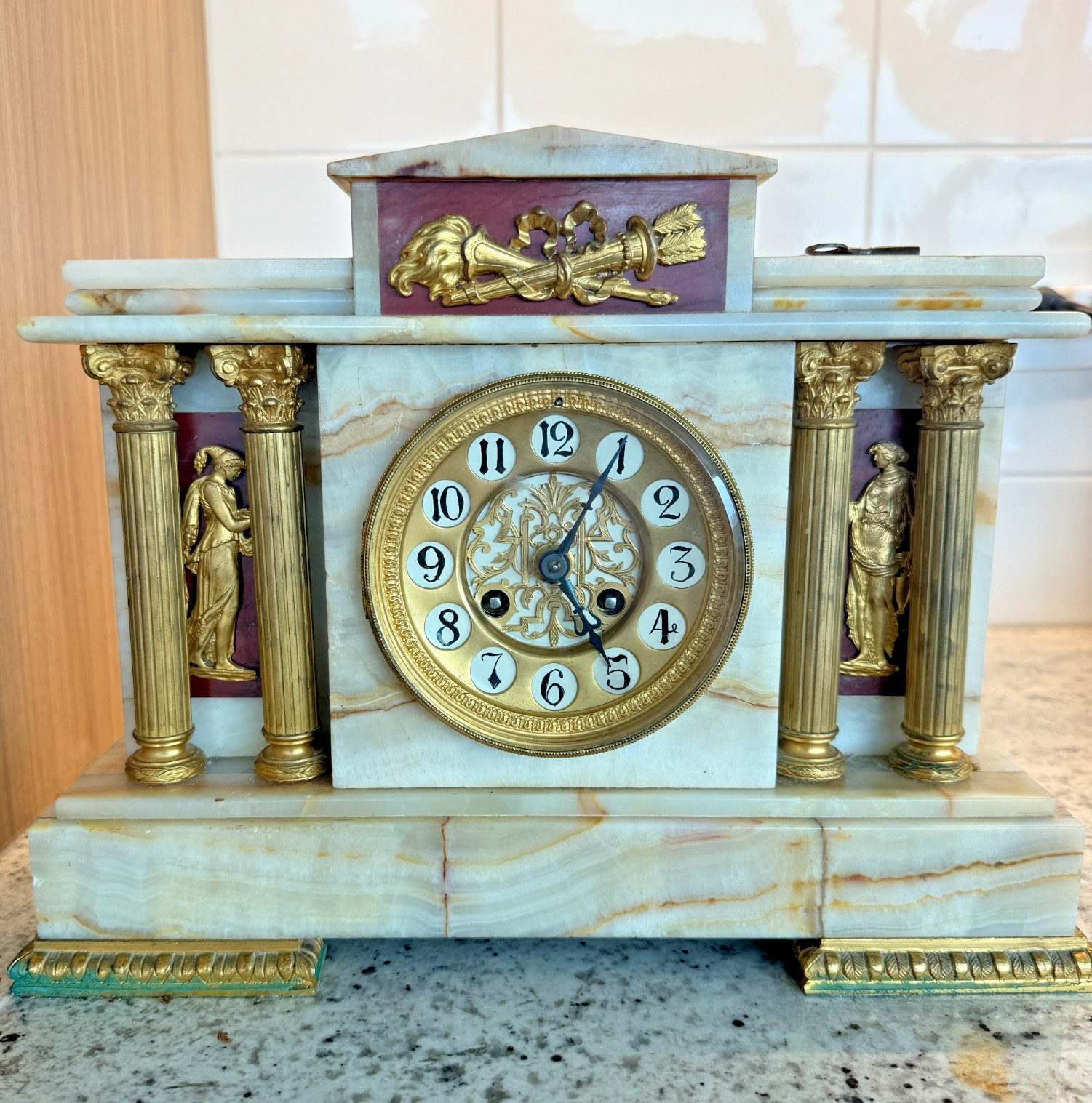 Antique French Onyx Mantel Clock S. Marti Paris Louis XVI Style: As Is
