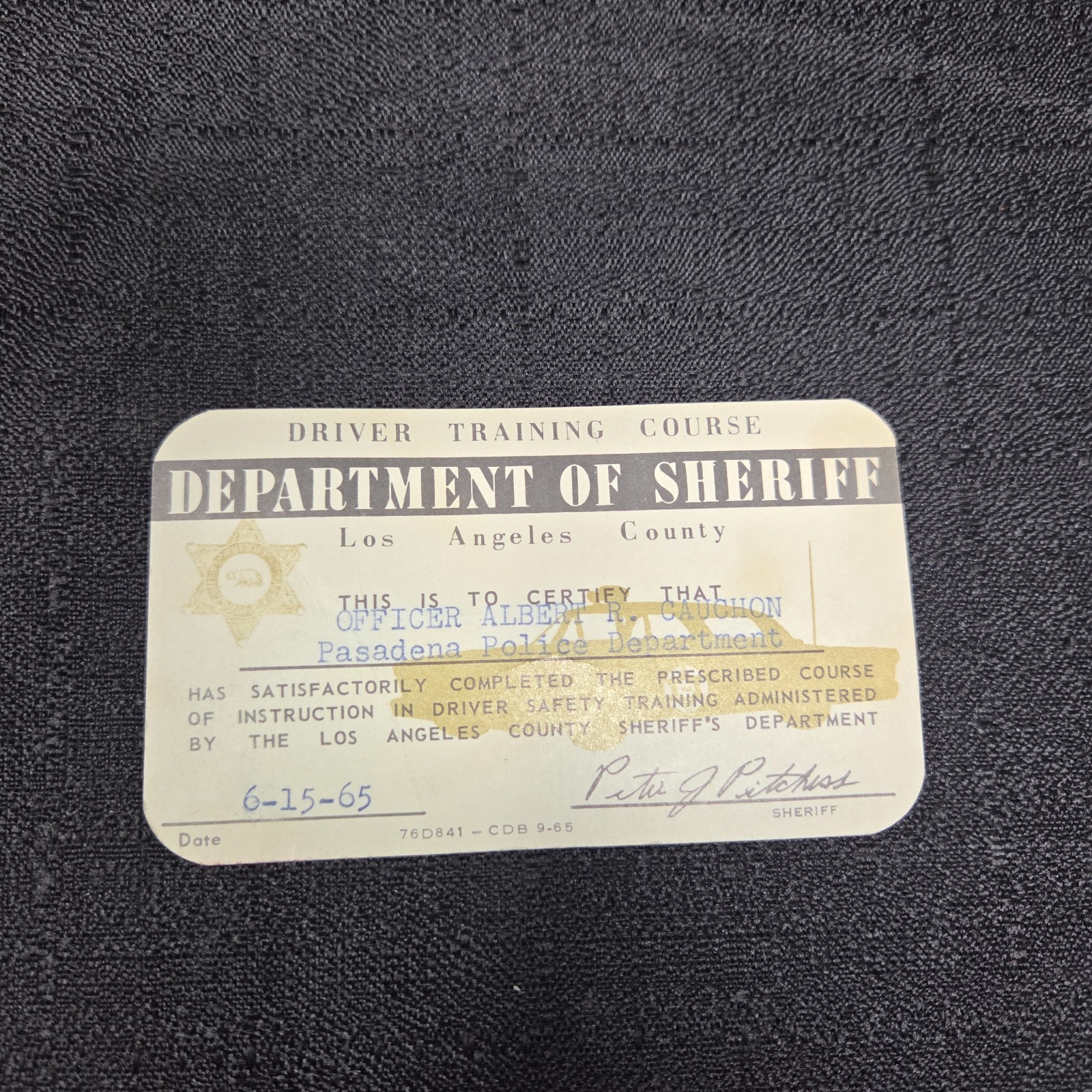VTG 1965 Los Angeles County Department of Sheriff Driver Training Course Cert