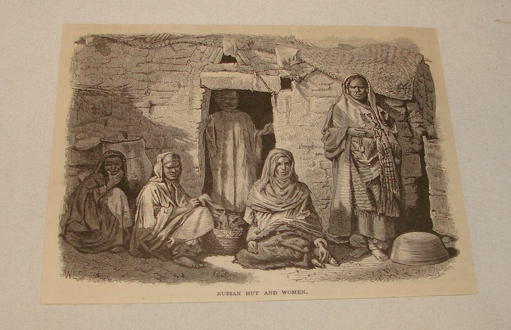 1877 magazine engraving ~ NUBIAN HUT AND WOMEN, Egypt