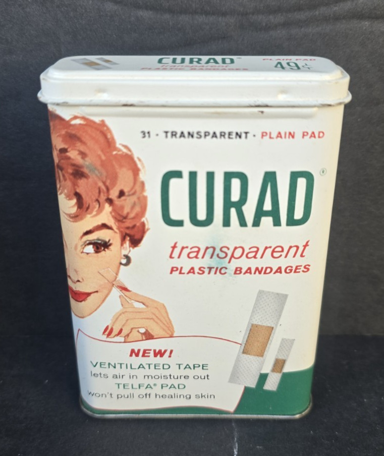 Vintage Curad Tin & Transparent Plastic Bandages, Curity Product by Kendall