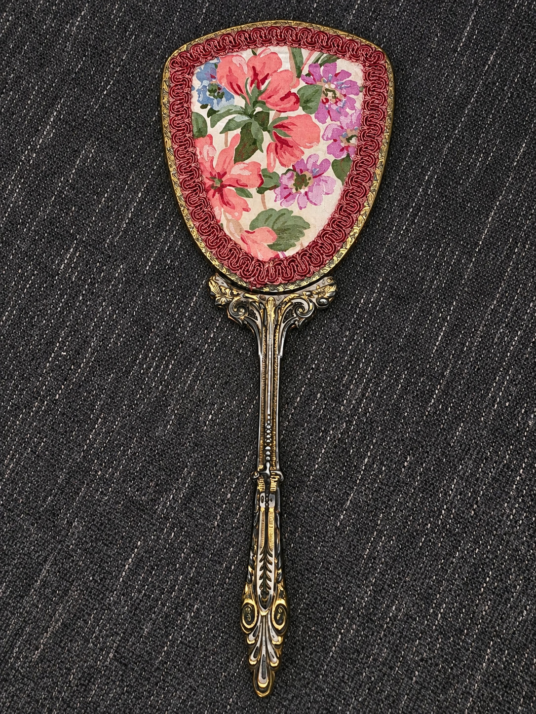 Vintage 1930s-1950s Ornate Floral Hand Mirror Gold Tone Brass Vanity