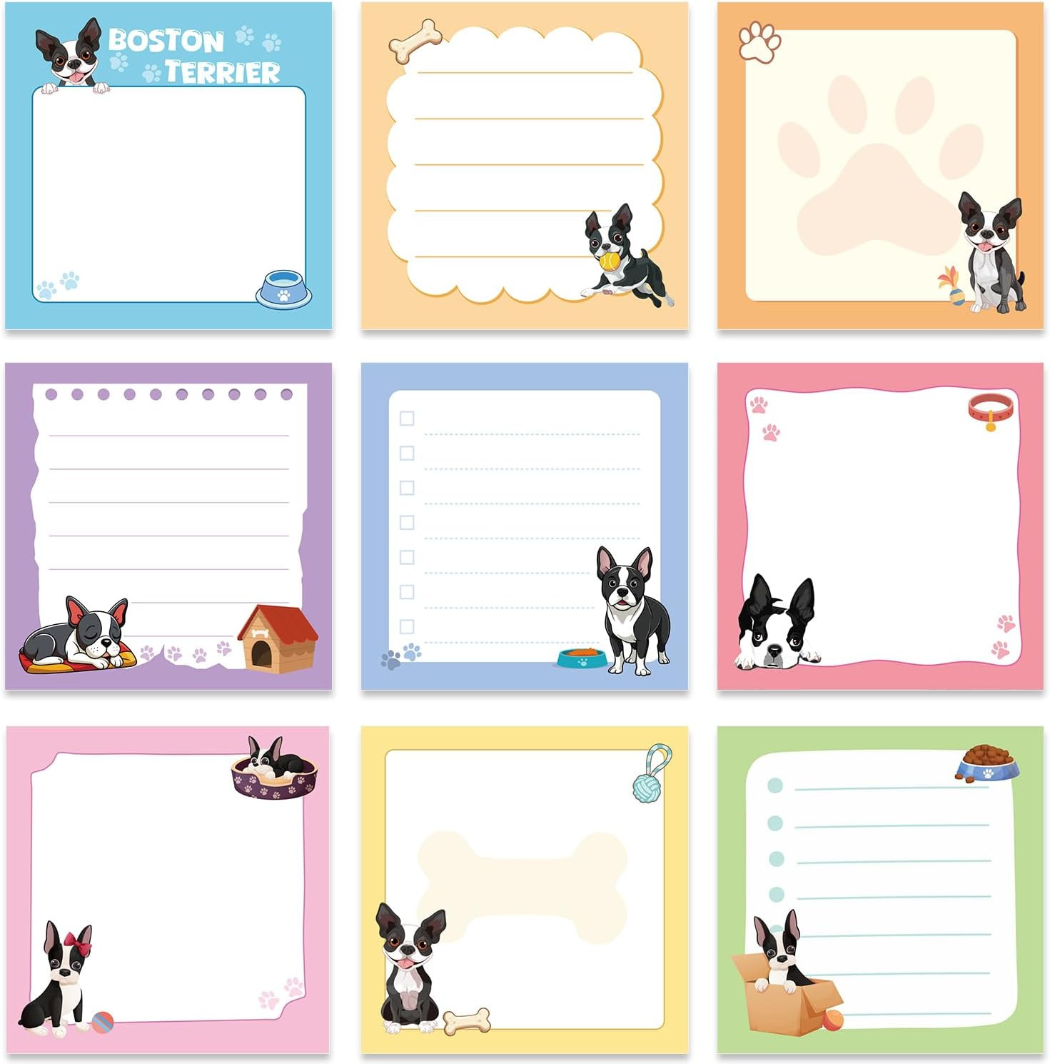 Funny Boston Terrier Sticky Notes 3x3 Gifts for Dog Lovers 9-Pack