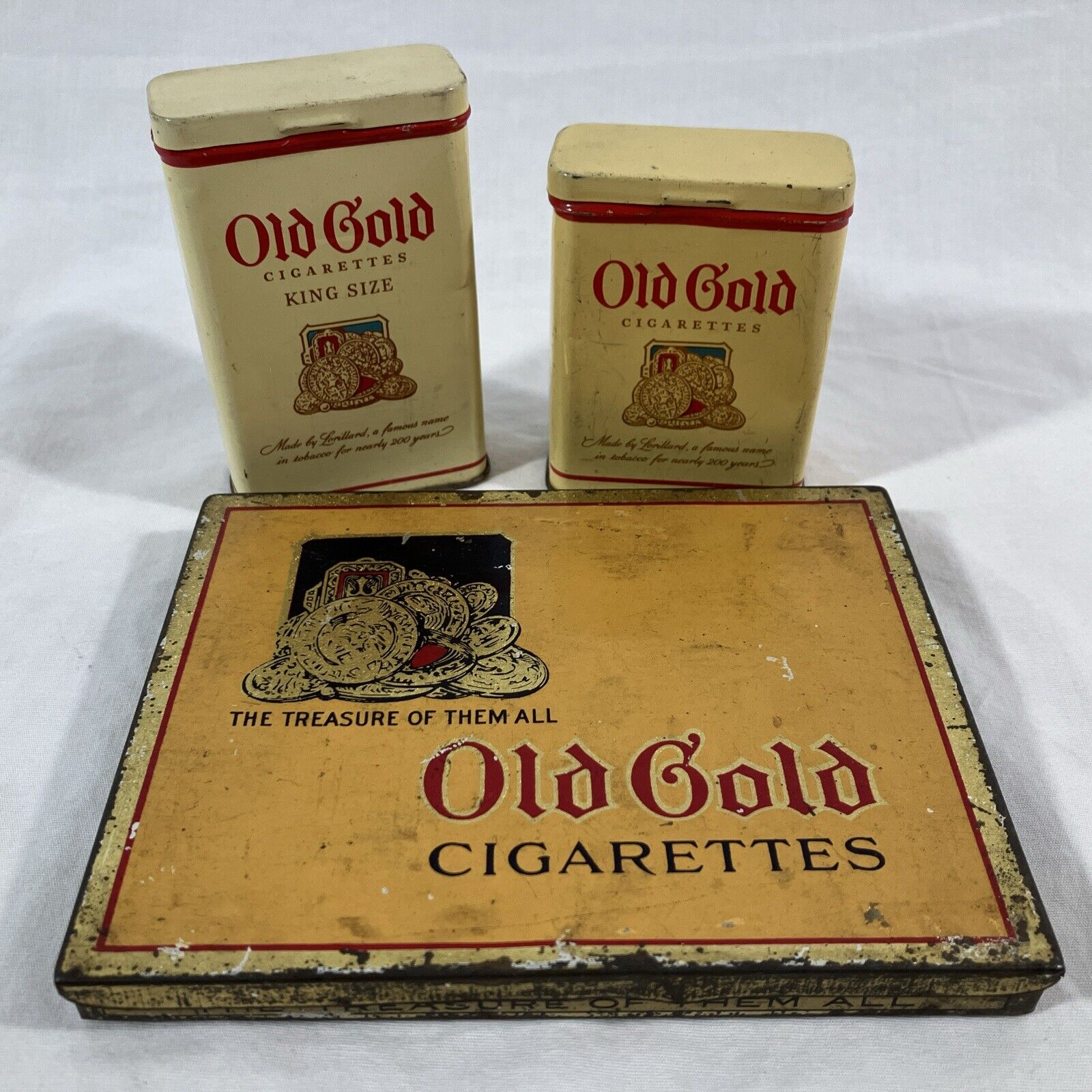 Lot of 3 Vitage OLD GOLD CIGARETTES TOBACCO Tins Advertising Pocket Tin Hinged
