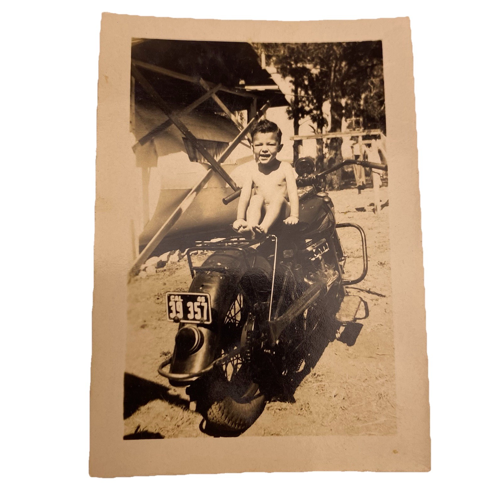 1940s Motorcycle Photograph Young Boy Seated California License Plate 