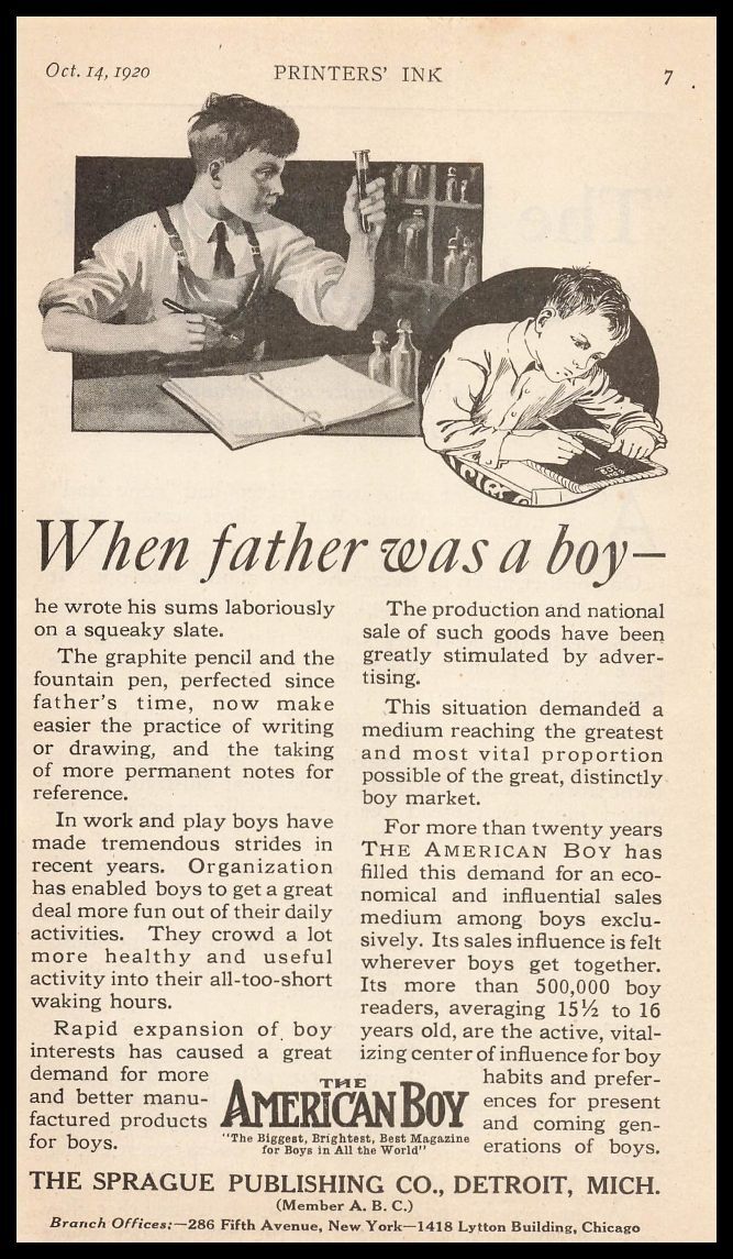 1920 The American Boy Sprague Publishing Detroit When Father Was A Boy Print Ad