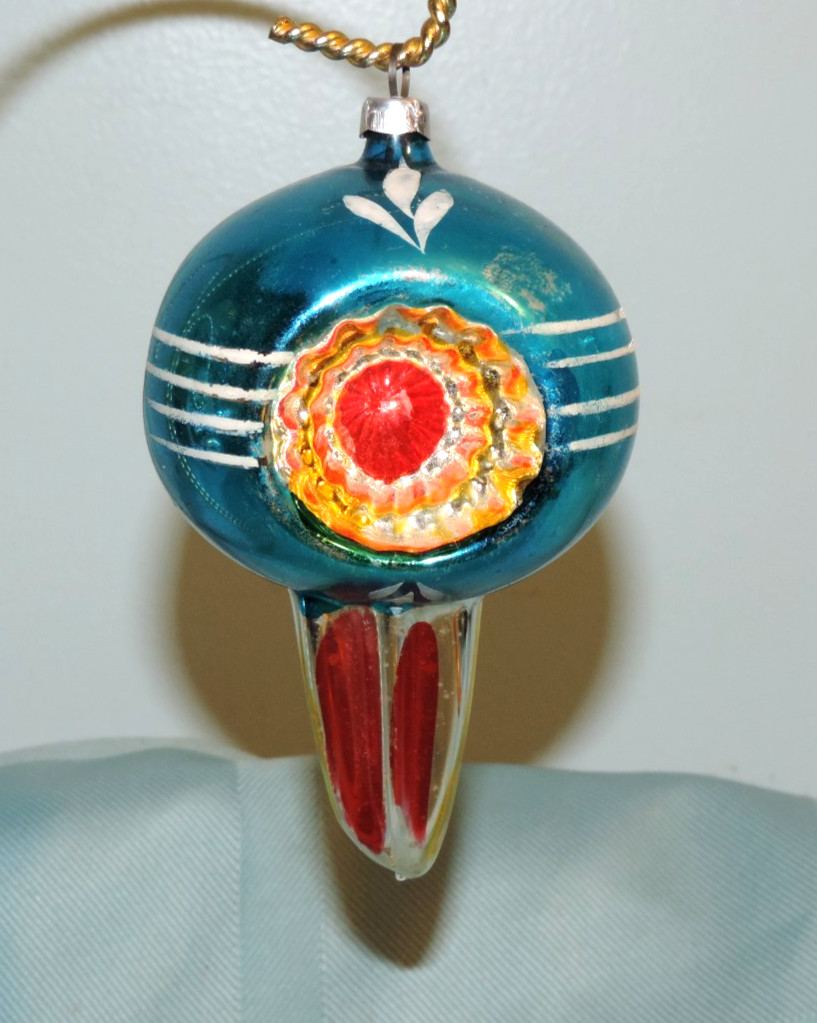 Vtg Blue Triple Indent w/ Long Finial Glass Ornament Hand Painted 4 1/2\ Vtg Blue Triple Indent w/ Long Finial Glass Ornament Hand Painted 4 1/2\