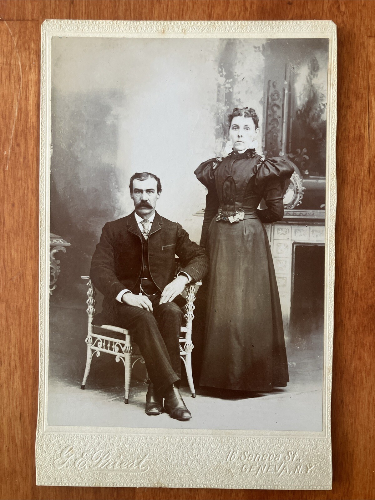 Man w/ Mustache Woman Married Couple Cabinet Card Victorian Era Geneva NY