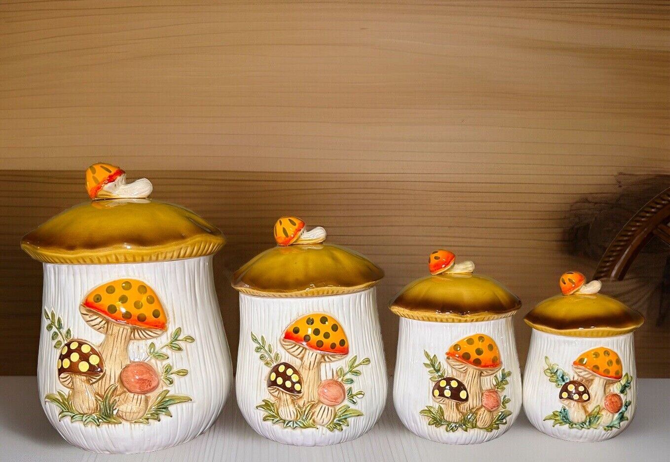 Vintage Retro Merry Mushroom 4 Piece Matching Canister Set 2 Sided Sears 1970’s