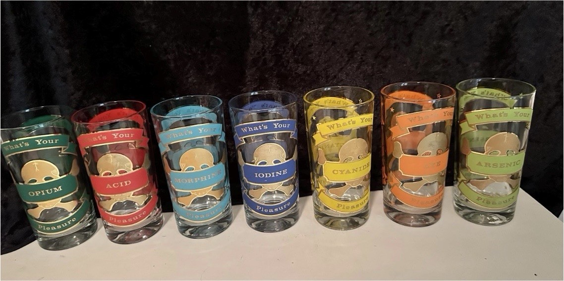 RARE Vintage MCM Starlyte What’s Your Pleasure Poison Highball Glasses Set Of 7