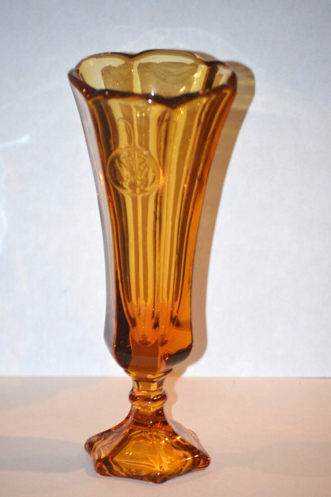 VINTAGE FOSTORIA COIN GLASS AMBER FOOTED VASE - LIBERTY BELL, EAGLE