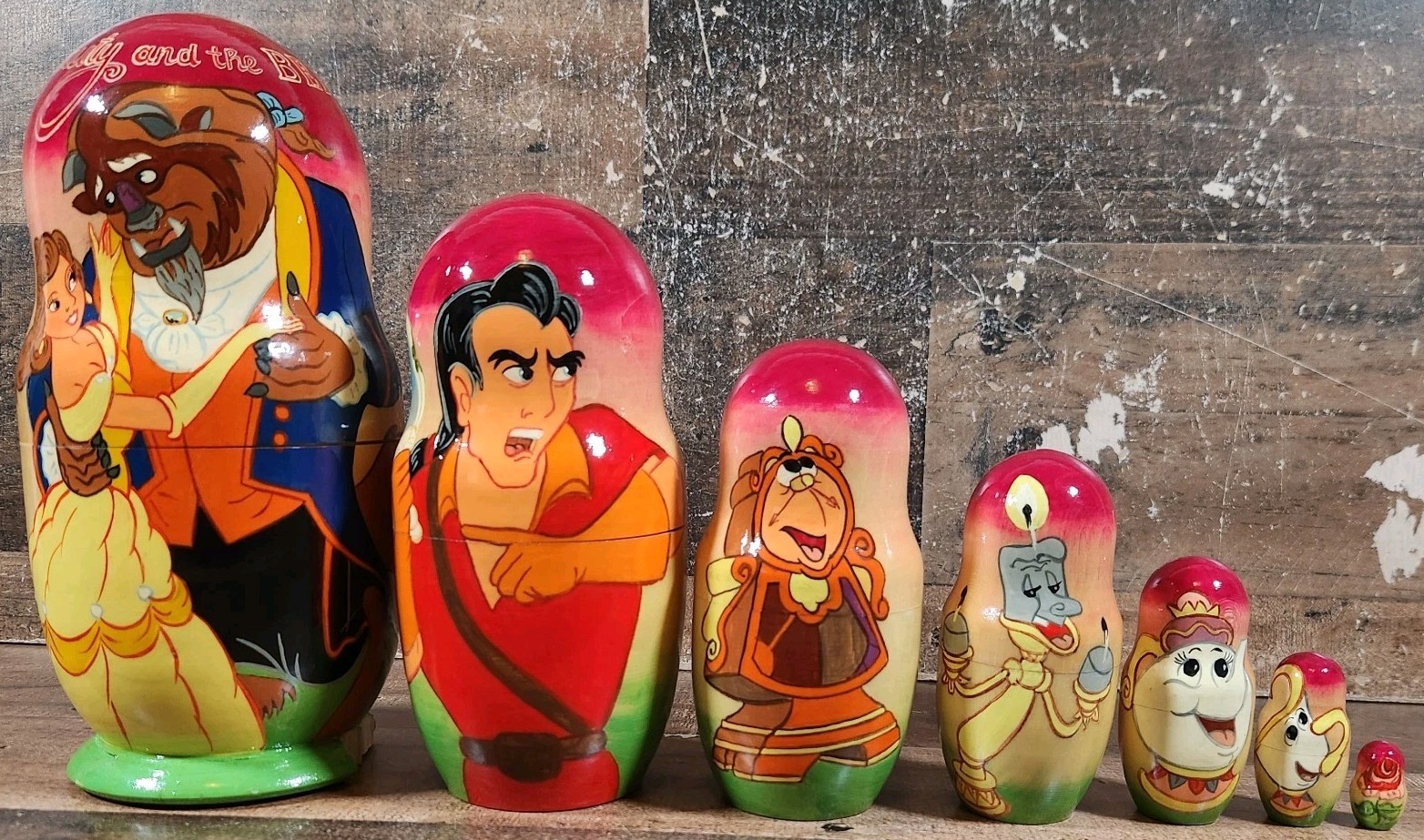 Vintage Disney Beauty And The Beast Nesting Dolls Set Wooden Hand Painted