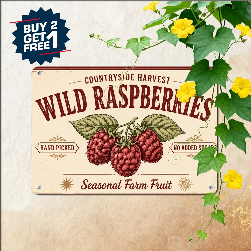Organic Raspberry Fruit Iron Poster Farm Fresh Red Berry Metal Tin Sign Decor