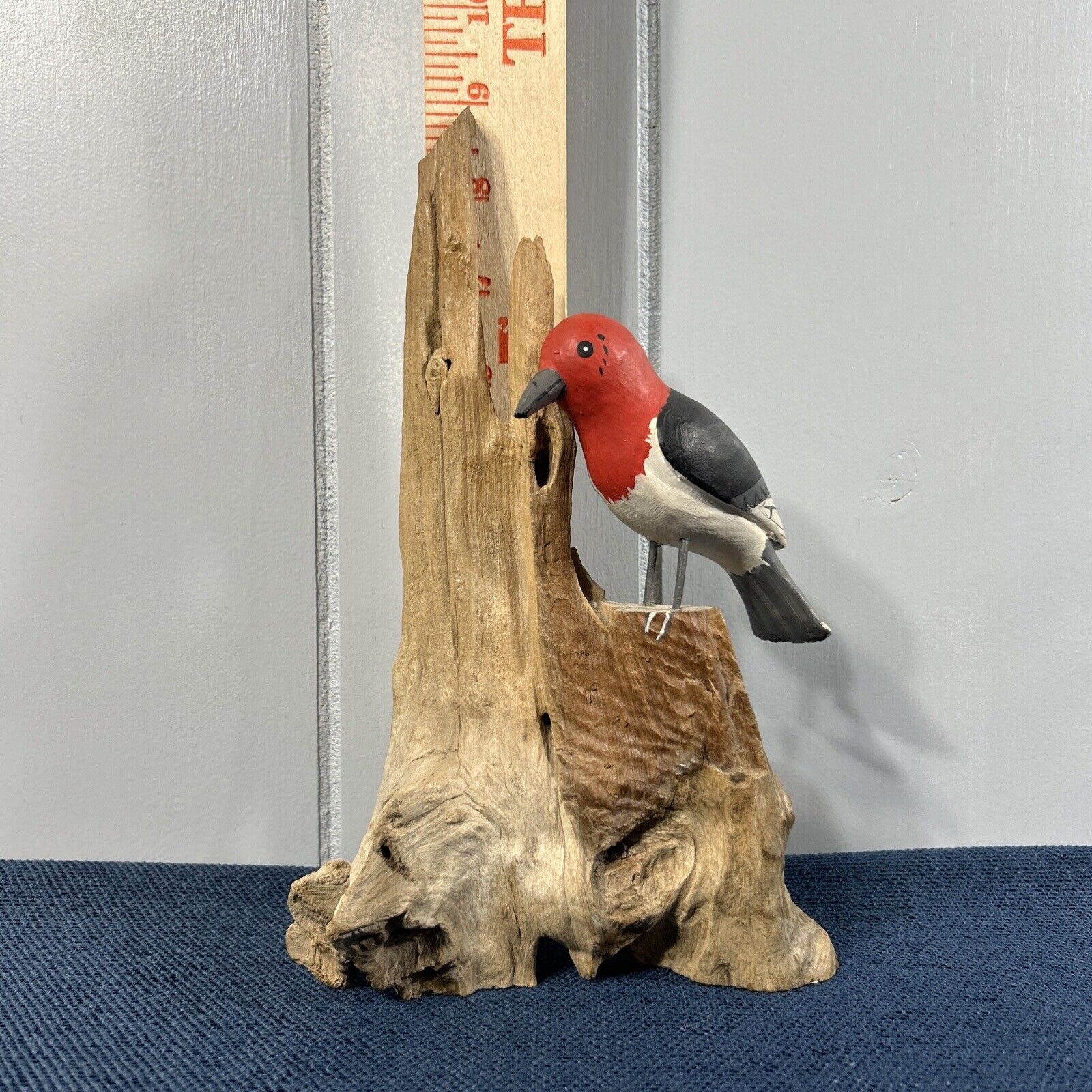 Hand Carved Painted Red-headed Woodpecker On Driftwood Bird Decoy 9”