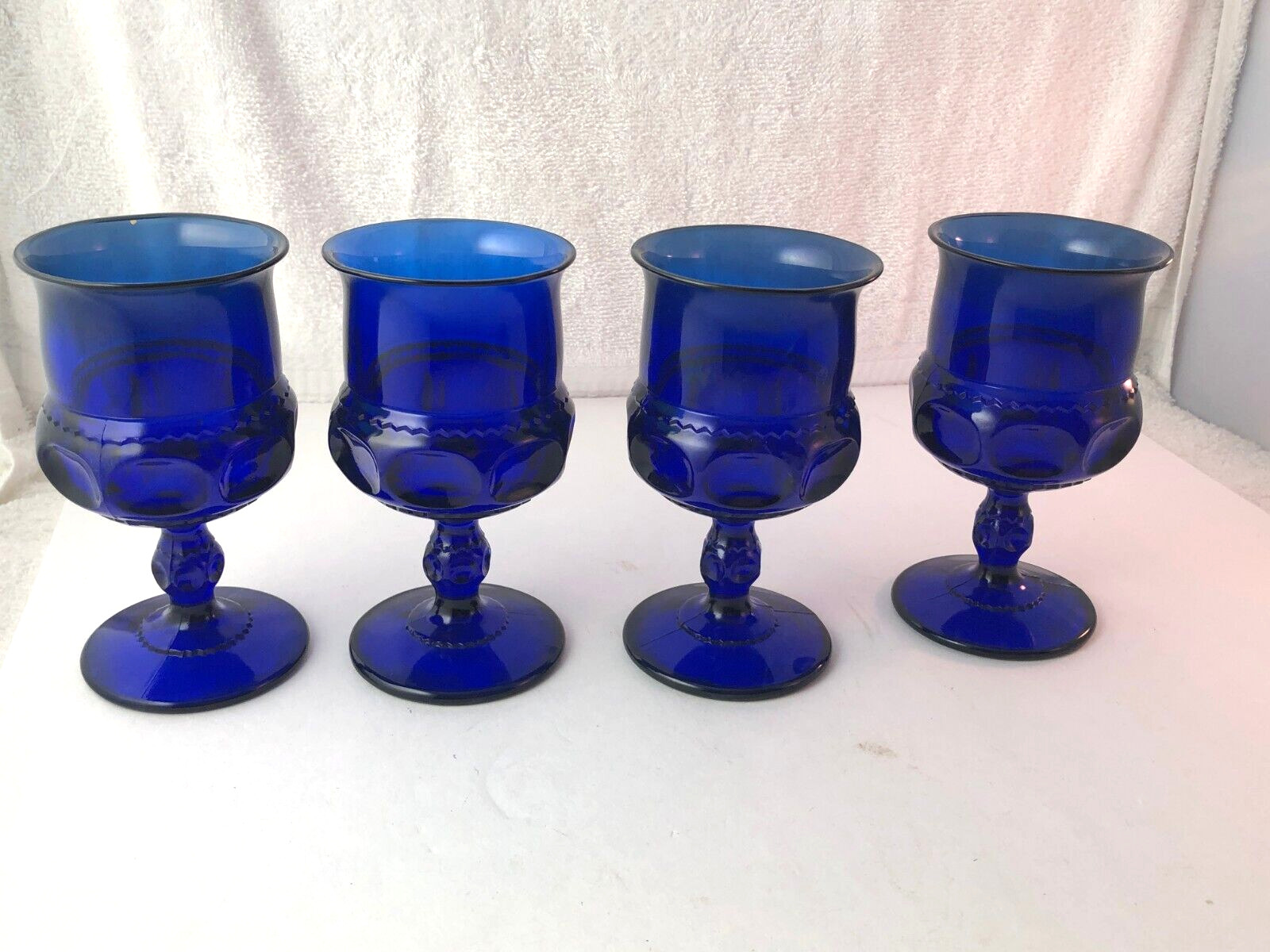 Indiana Glass 4 Cobalt Blue  Kings Crown Thumbprint Goblets 10 oz