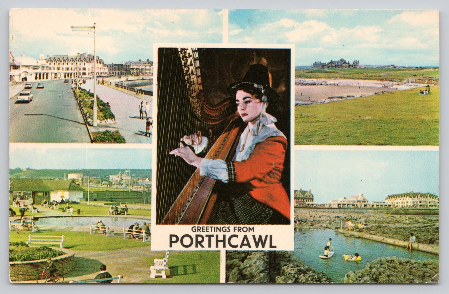 Porthcawl Multi-View Postcard - Welsh Harpist, Beach, Promenade 1970 Porthcawl Multi-View Postcard - Welsh Harpist, Beach, Promenade 1970