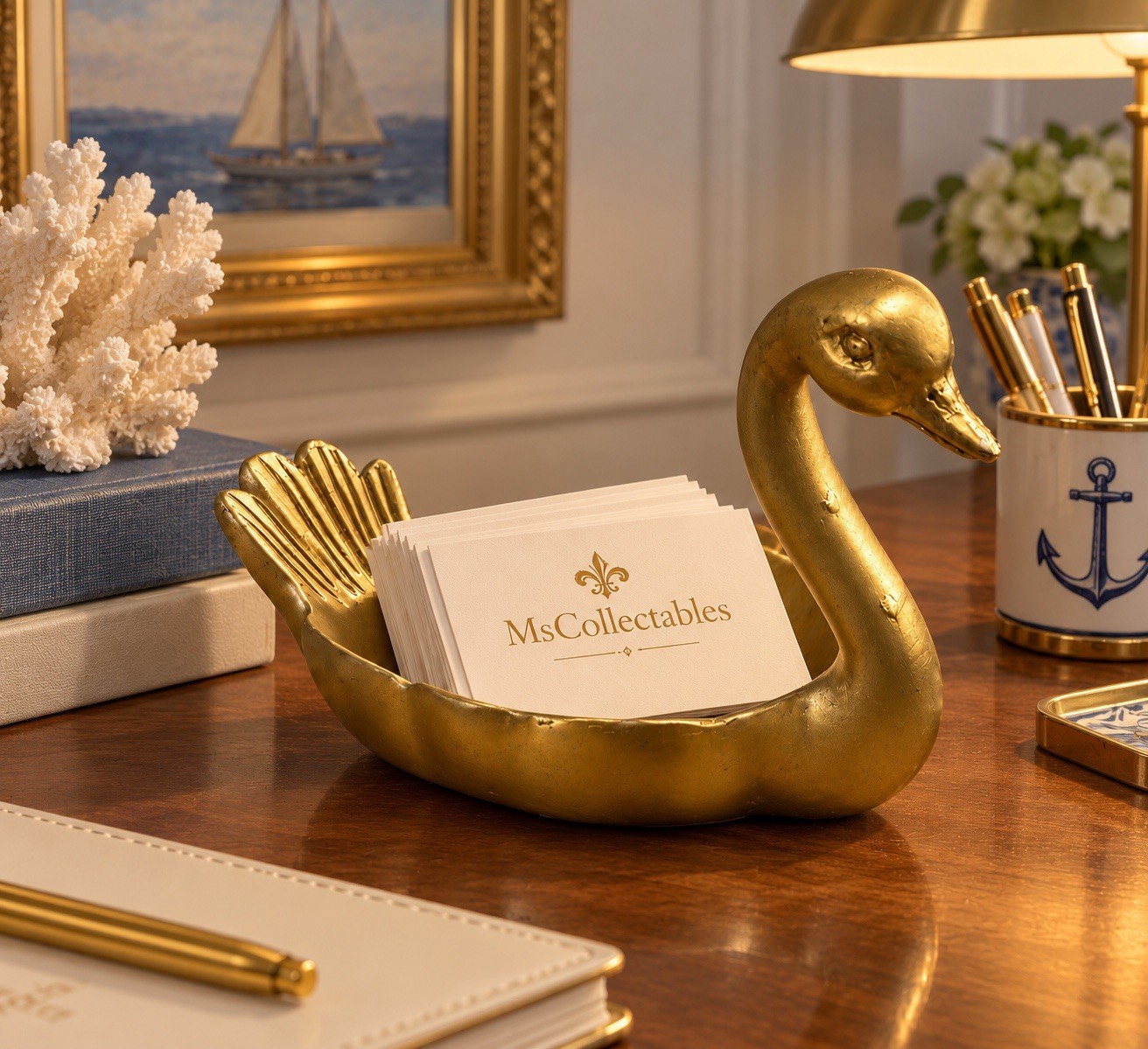 Vintage Gold Swan Figurine Business Card Holder Swan Trinket Dish Catchall GIFT Vintage Gold Swan Figurine Business Card Holder Swan Trinket Dish Catchall GIFT